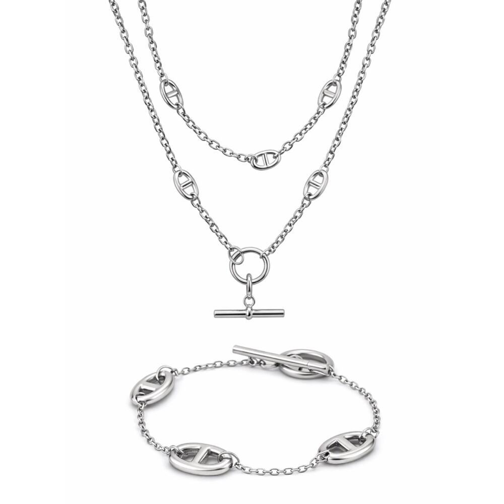 Silver Mariner Pignose Multilayer Necklace Bracelet Set Stainless Steel